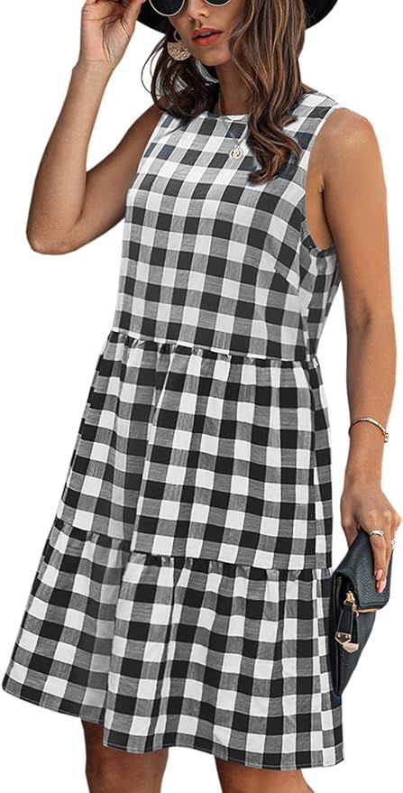 ECOWISH Women Dresses Plaid Sleeveless Summer Casual Sundress A Line Loose Swing T Shirt Mini Dre... | Amazon (US)