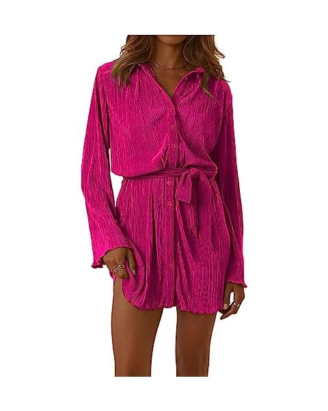 LYANER Women's Collar V Neck Button Down Pleated Long Sleeve Mini Shirt Dress with Belt | Amazon (US)