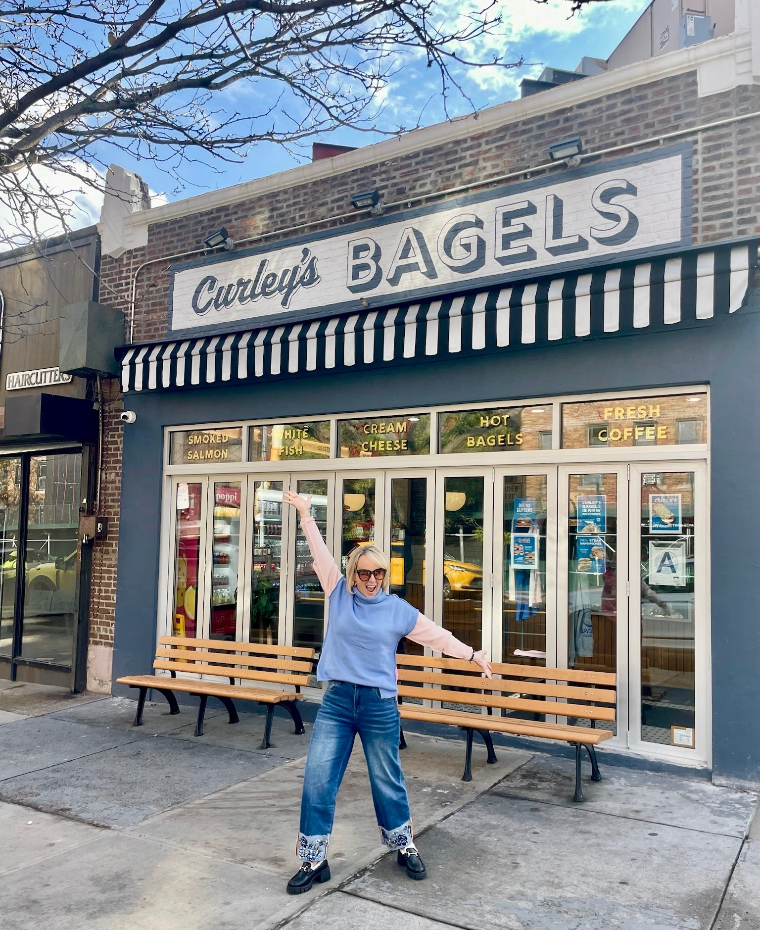 Had to stop by Curley’s Bagel shop when I was up in New York to support my son Mark’s store!! I wore my favorite reversible color-block sweater and paired it with these adorable embroidered cuff jeans that add the perfect amount of detail! I finished off my look with these fur-lined chunky loafers and these staple hoops that go with everything. This look head to toe is all from Amazon and each piece is very reasonably priced. Shop my look and take advantage of their Cyber Week sales!

#LTKPetite #LTKFindsUnder100 #LTKCyberWeek