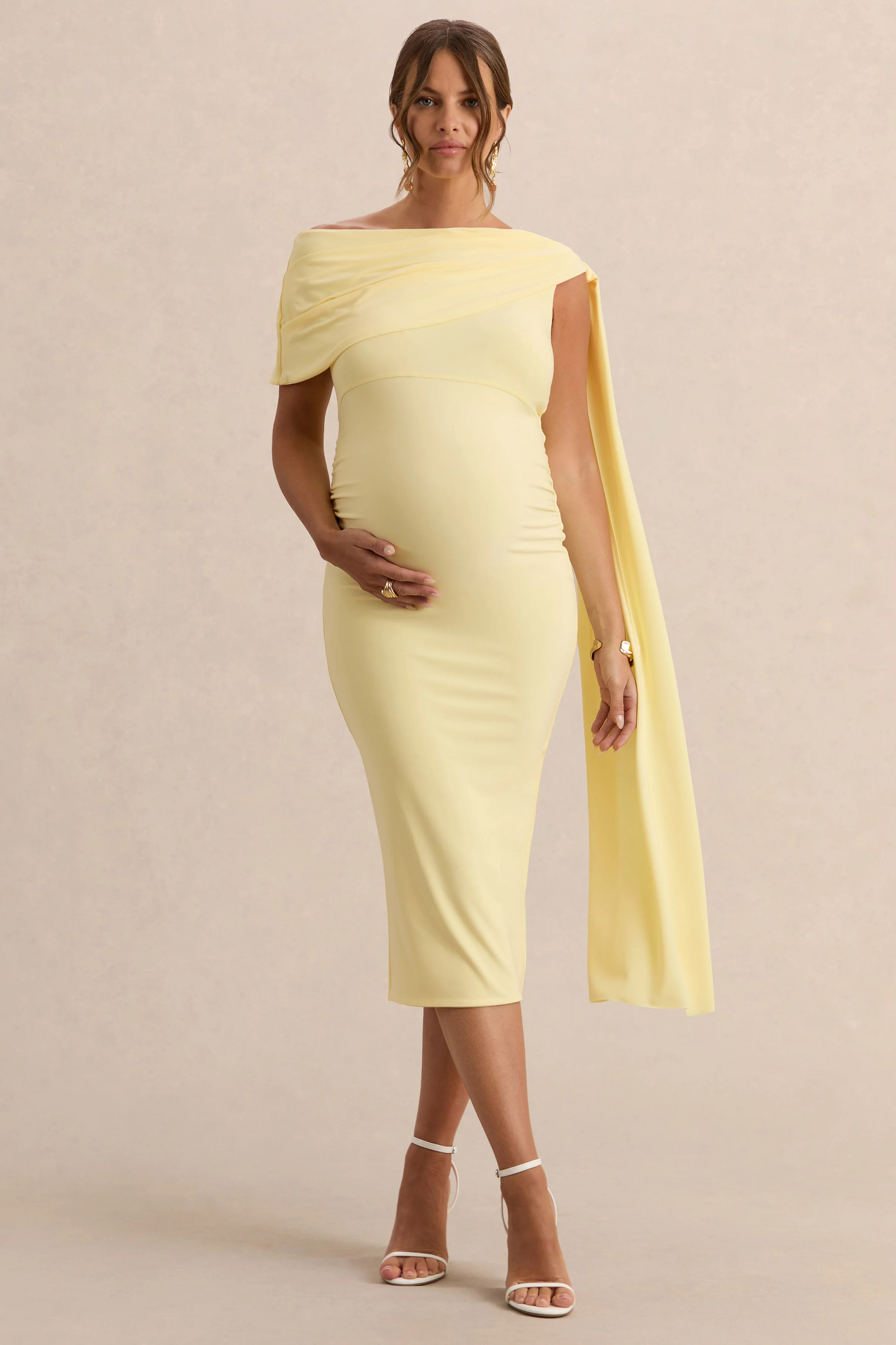 Braelyn | Lemon Asymmetric-Neck Maternity Midi Dress With Gathered Det | Club L London