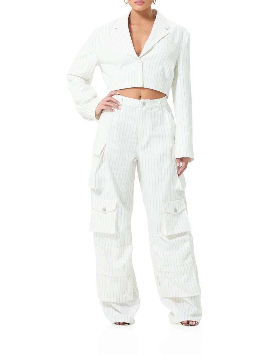 Petra Crop Blazer - White Grey Pinstripe | ShopAFRM