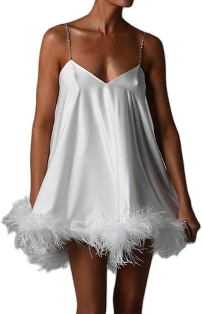 Spaghetti Strap Mini Dress Fur Trim Bodycon Short Dress Sexy Feather Slip Cocktail Club Evening D... | Amazon (US)