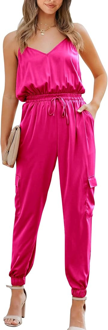 BTFBM Women's Casual Sleeveless Adjustable Spaghetti Strap Jumpsuits Summer One Piece Outfits Satin  | Amazon (US)