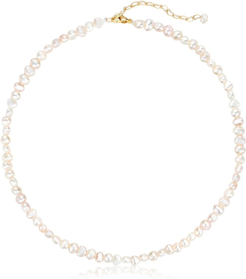 Small Gold Pearl Necklace Choker 3mm Handpicked Pearl 18K Gold Plated Bead Ball Chain Dainty Jewe... | Amazon (US)