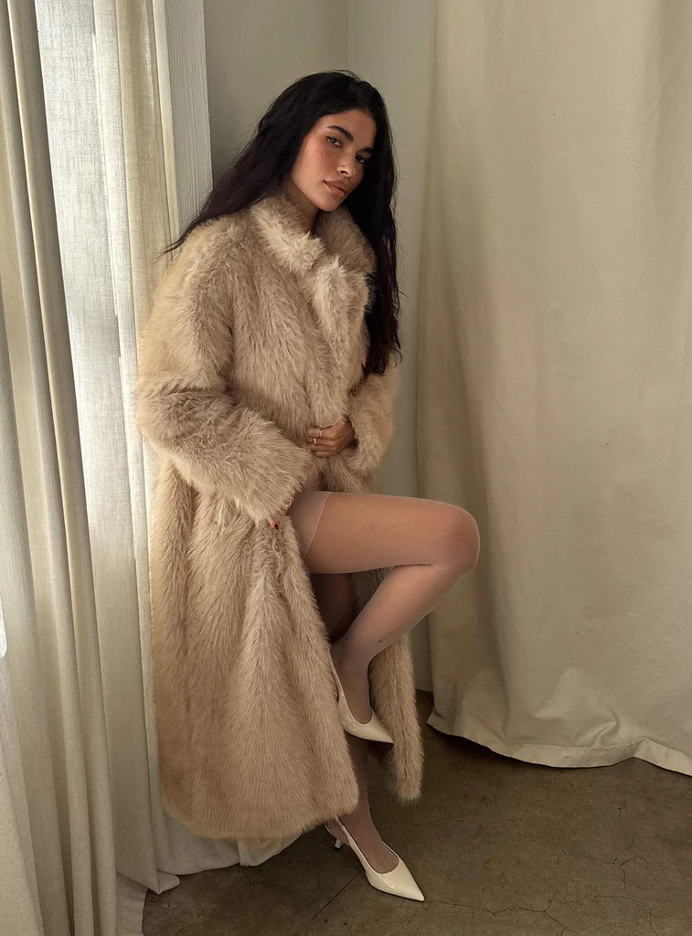 End Of Beginning Faux Fur Longline Jacket Beige | Princess Polly US