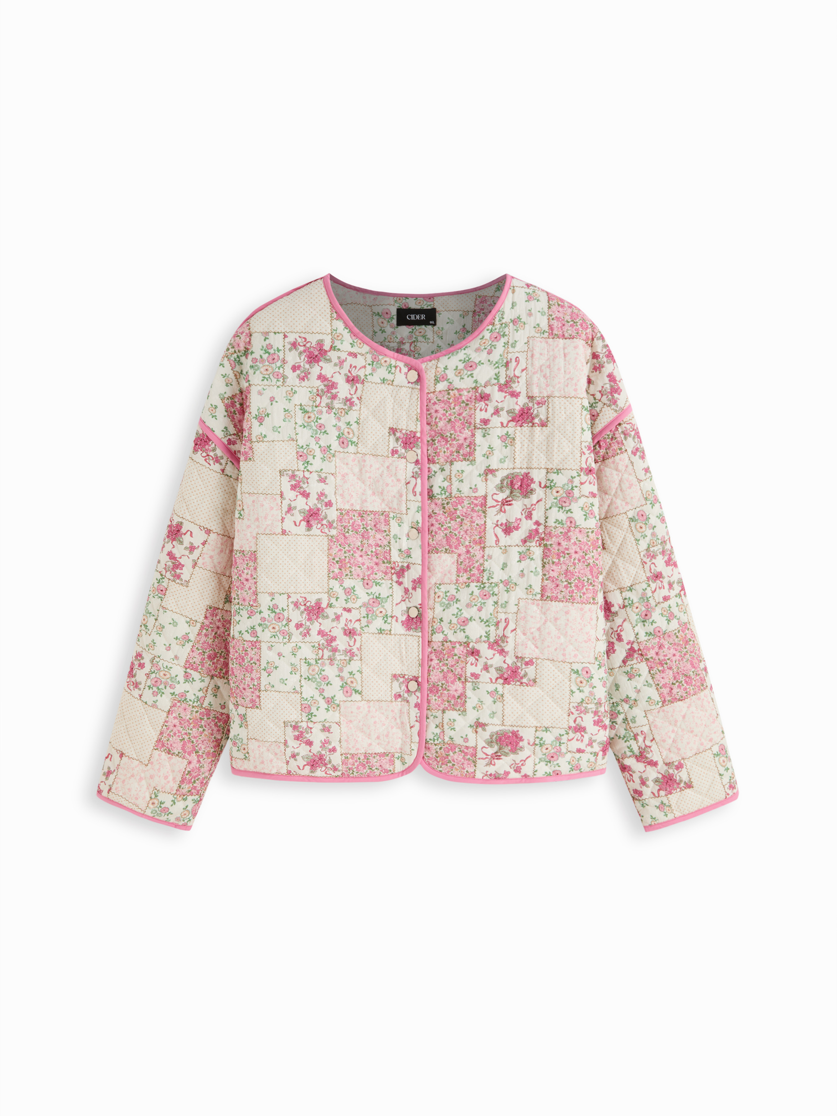 Woven Floral V-neck Contrasting Binding Button Oversized Puffer Jacket Curve & Plus For Daily Cas... | Cider