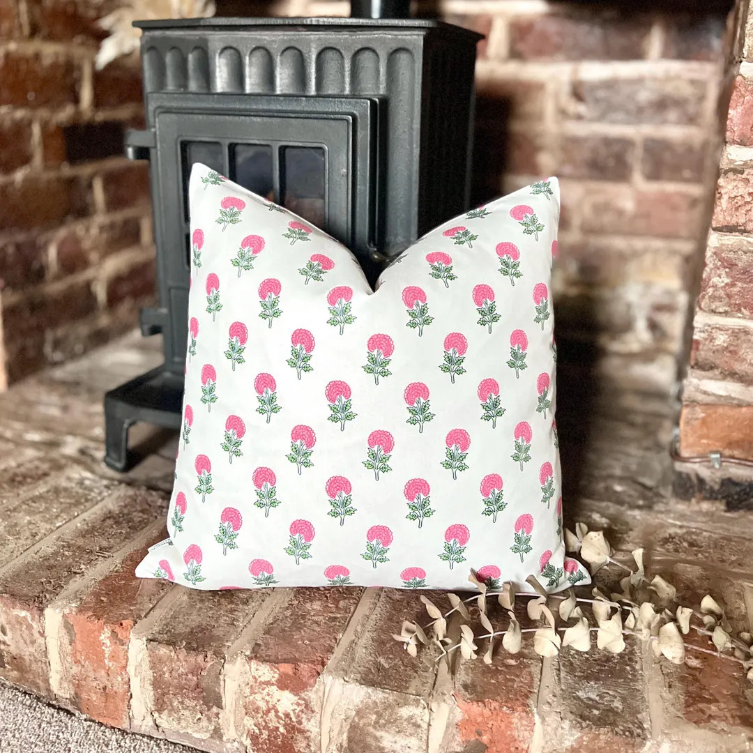 1613. NAHA PINK/GREEN Block Print - 100% Organic Cotton Cushion Cover - Etsy | Etsy (US)