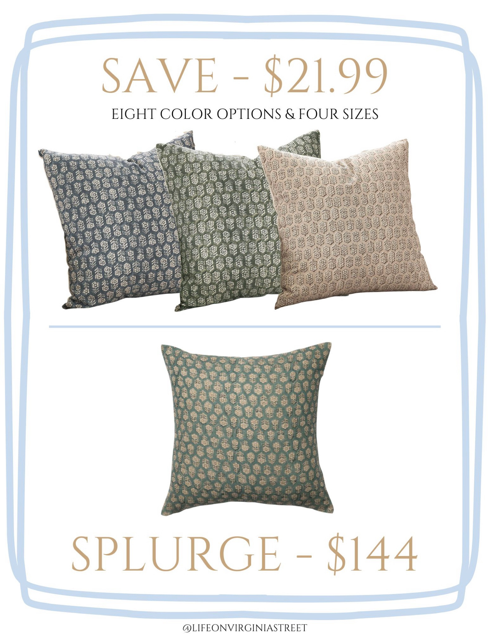 Loving both the save and splurge version of these block print pillow covers! They’re both currently on sale and such a great layering piece in your home decor! #ltkhome #ltkfindsunder50 #ltkfindsunder100 #ltkseasonal #ltksalealert #ltkstyletip

#LTKSaleAlert #LTKFindsUnder50 #LTKHome
