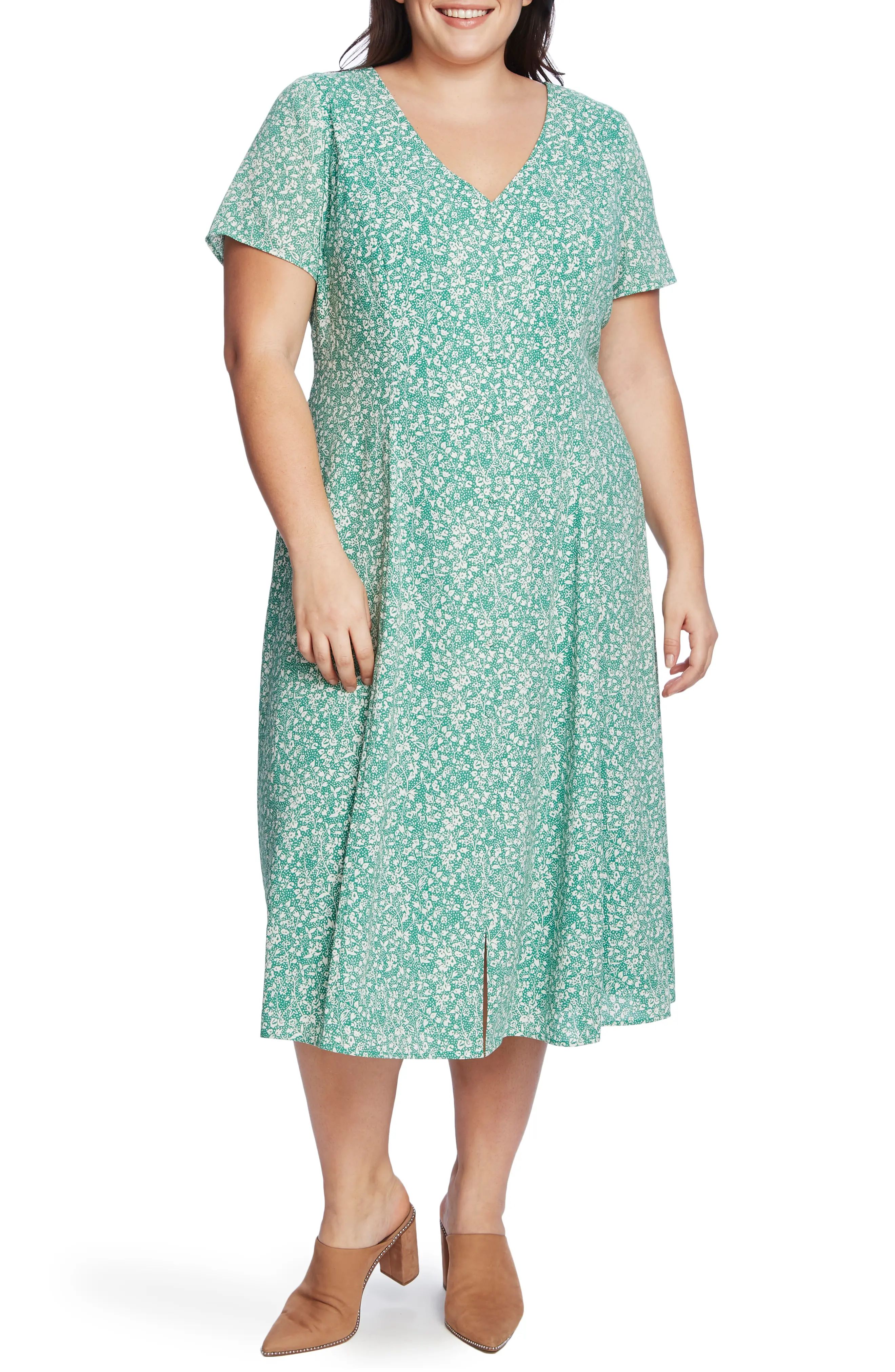Plus Size Women's 1.state Floral Folk Silhouette Button Front Dress, Size 22W - Green | Nordstrom