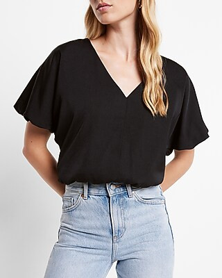 Satin V-neck Short Sleeve Bubble Top | Express