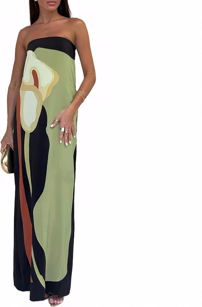 Zwirelz Women Strapless Maxi Dress Boho Floral Print Flowy Long Tube Dress Off Shoulder Loose Bea... | Amazon (US)
