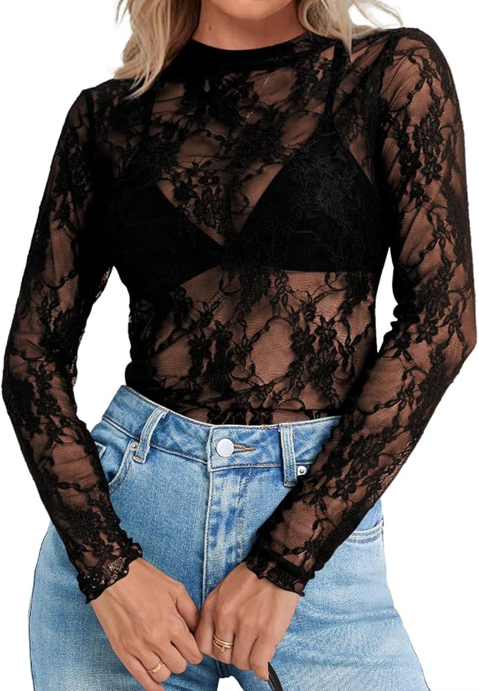 Elesomo Womens Mesh Lace Long Sleeve Tops Mock Neck See Through Shirts Casual Blouses | Amazon (US)