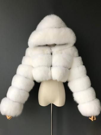 White Faux Fur Coats Hooded Short Jacket Women's Winter Outerwear | Milanoo