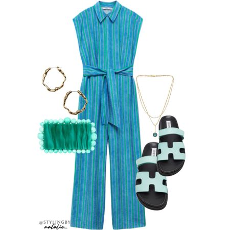 Blue and green stripe jumpsuit, clutch, sandals & hoop earrings- summer outfit, vacation outfit, holiday look, bank holiday outfit.

#LTKstyletip #LTKtravel #LTKeurope