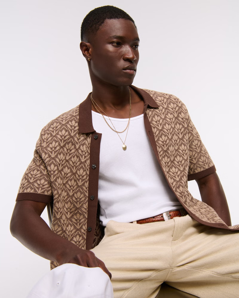 Men's Jacquard Pattern Button-Through Sweater Polo | Men's Clearance | Abercrombie.com | Abercrombie & Fitch (US)