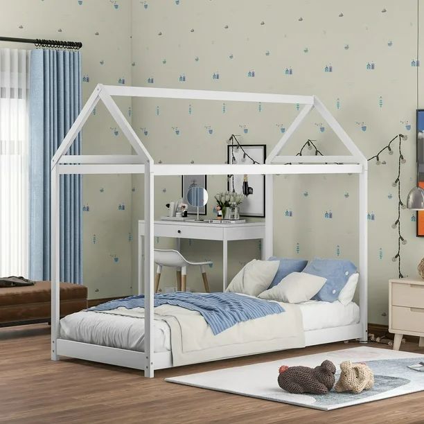 Euroco Twin Wood House Bed Frame with Roof for Toddler Kids, White - Walmart.com | Walmart (US)