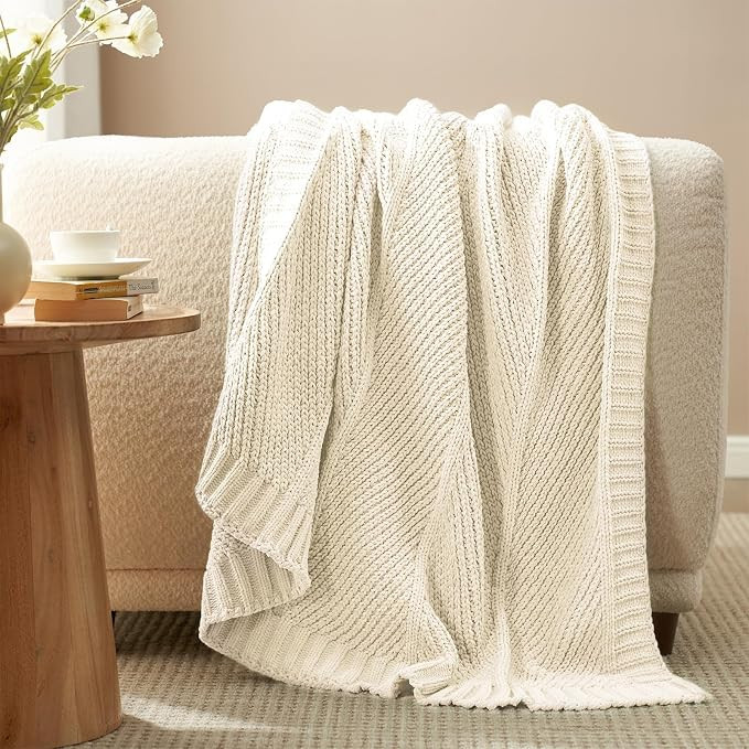 Knit Throw Blanket, Soft Chenille Cozy Breathable Chevron Chunky Decorative Blanket for Couch, Be... | Amazon (US)