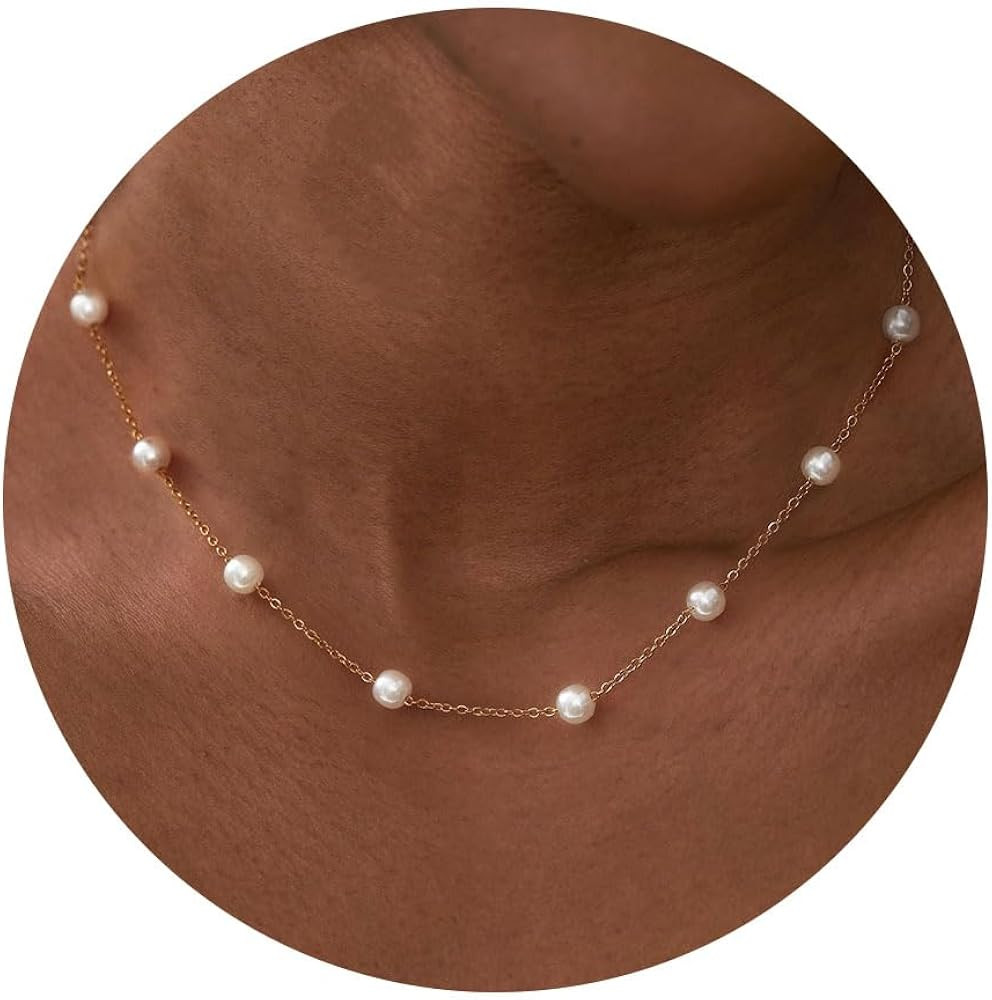 HANLI Gold Pearl Necklace 14K Gold Plated Dainty Pearl Necklace Freshwater Single Pearl Necklace ... | Amazon (US)