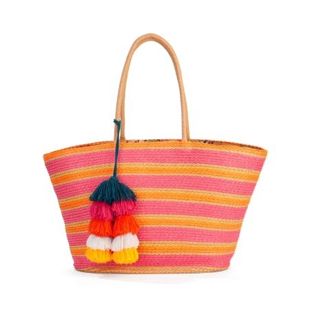 Time & Tru Multi Stripe Large Straw Tote | Walmart (US)