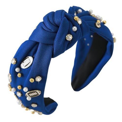 Gmmidea Football Knotted Headband Pearl Rhinestone Game Day Headbands for Women Top Knot Beaded Jeweled Headband Wide Twist Sports Fan Hairband Football Hair Accessories Royal Blue | Amazon (US)