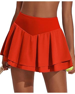 PINSPARK Womens Pleated Tennis Skirt Double Ruffle Golf Skort Tummy Control Athletic Skirts with ... | Amazon (US)
