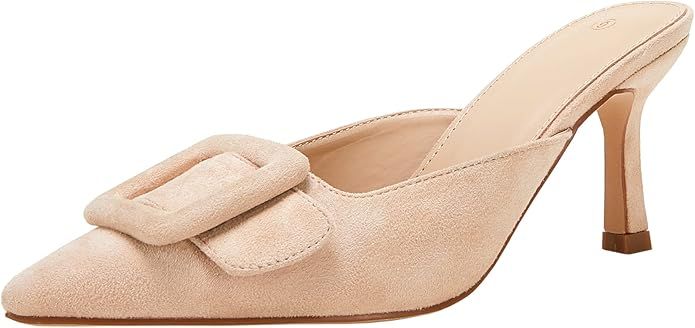 VETASTE Women's Heeled Mules Pointed Toe Suede Buckle Slip On Sandals Kitten Heels Party Wedding ... | Amazon (US)