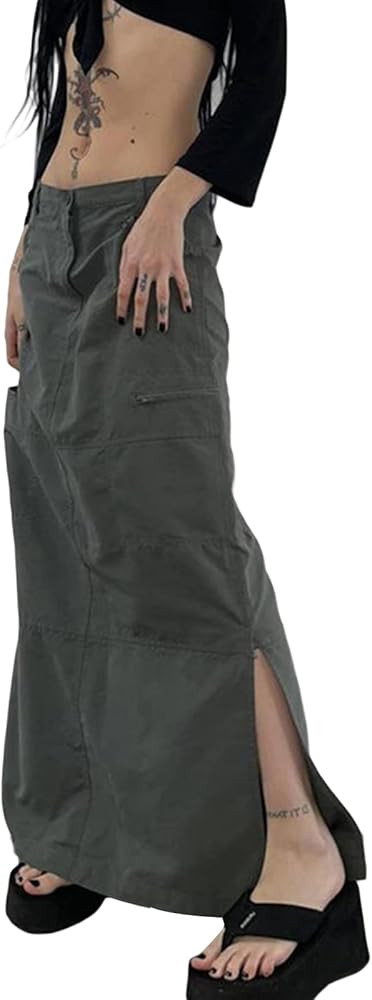 Women Y2k Cargo Long Skirt Drawstring Low Waisted Ruched Maxi Skirt Grunge Fairycore Punk Vintage... | Amazon (US)