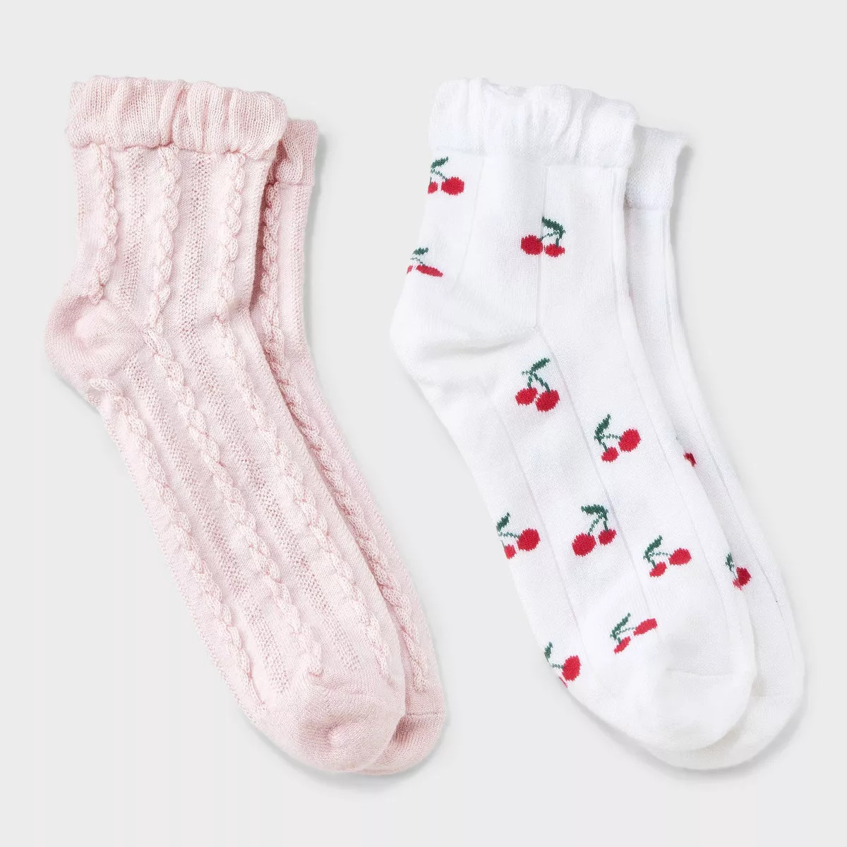 Women's Cherries 2pk Ankle Socks with Ruffle Cuff - Auden™ White/Pink 4-10 | Target