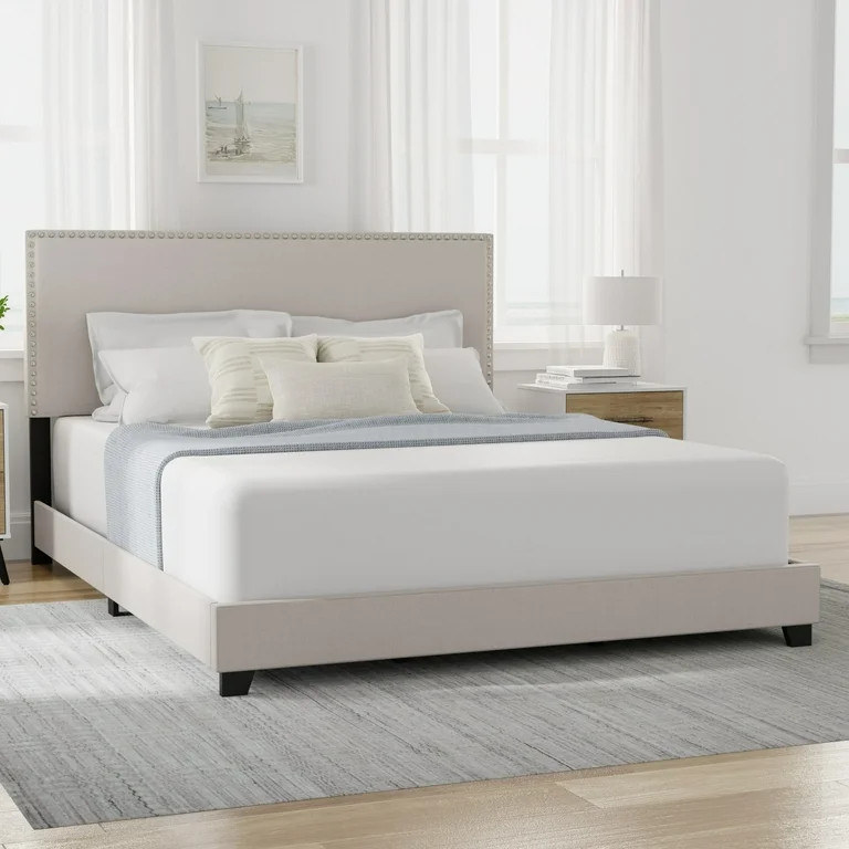 Willow Nailhead Trim Upholstered Queen Bed, Fog | Walmart (US)