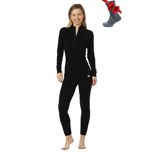 Merino.tech Women’s Merino Wool Base Layer Set - Zip-Up Heavyweight, Midweight Thermal Top & Bottom (Small, 250 Black Zip-up Set) | Amazon (US)