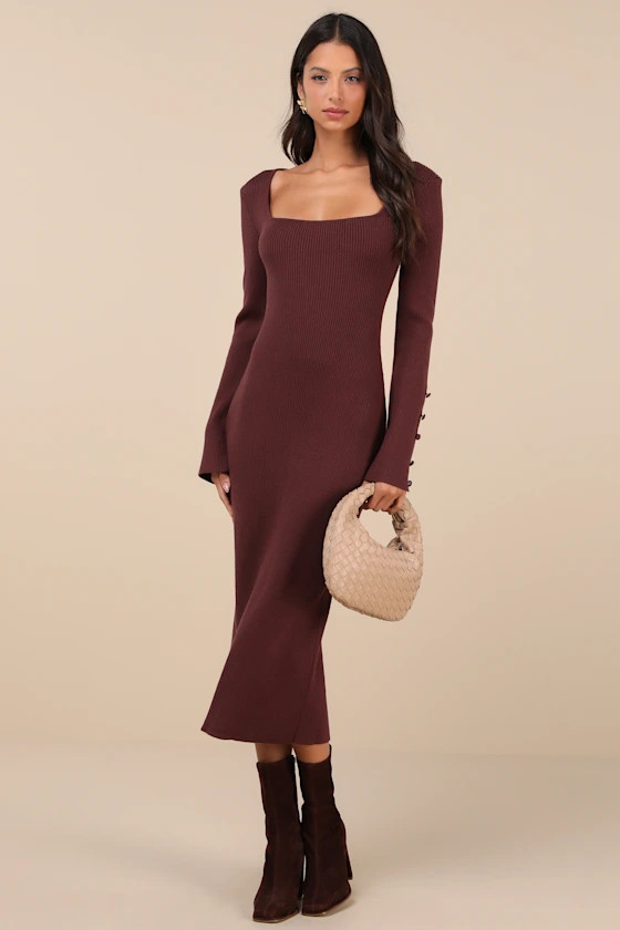 Classy Attitude Brown Ribbed Square Neck Midi Sweater Dress | Lulus