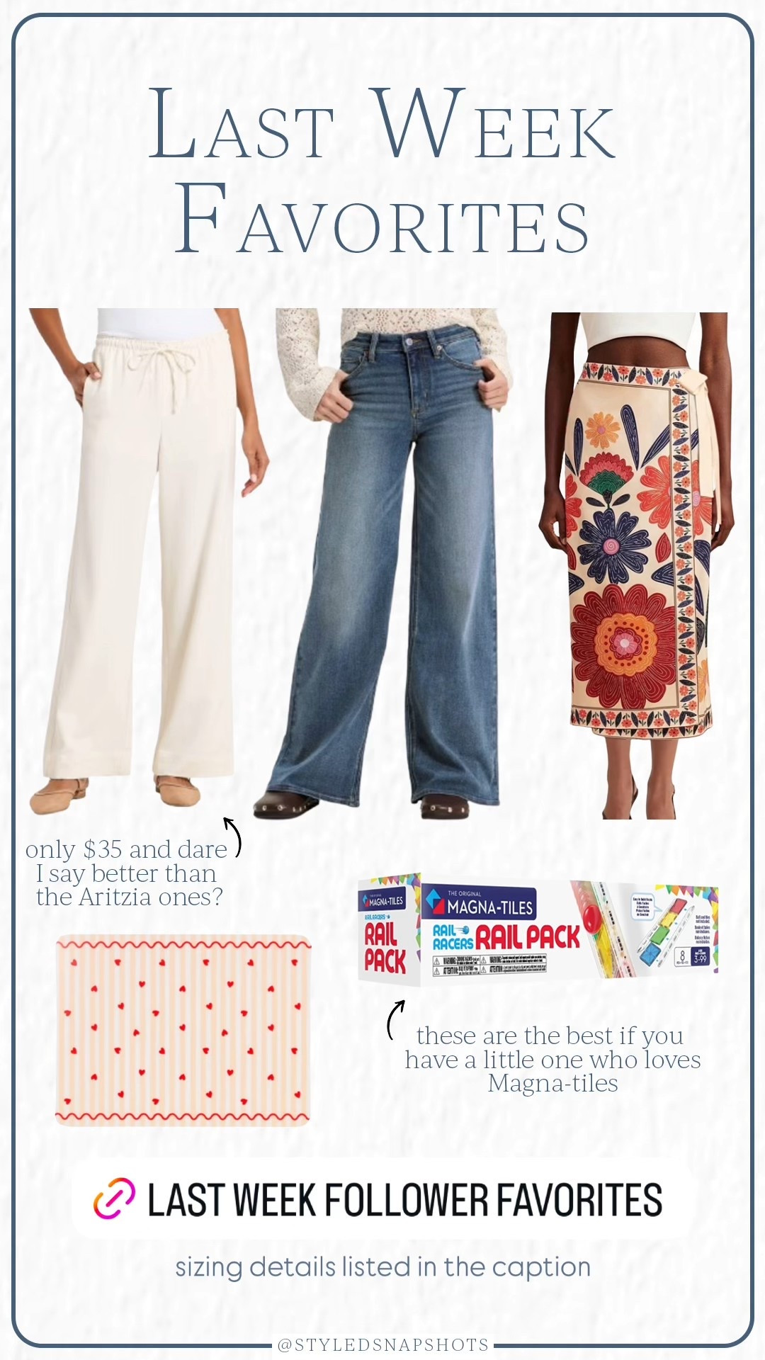 Last week follower favorites 
1. Target pull-on pants are only $35 and might be better than my Aritzia ones. I’m 5’5 and ordered a small, but with I did XS
2. Target jeans under $40 are so good! I’m 5’5 and wear a 26R and ordered a 4R, but needed the 6R
3. Amazon wrap skirt under $50 and perfect for your next beach vacation. I ordered a small 
4. Valentines placemats are 2 for $5
5. If your little loves magnatiles, you need these rails! 