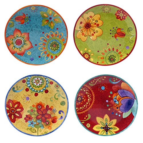 Tunisian Sunset 8.75" Ceramic Salad & Dessert Plates, Set of 4 – Assorted Multicolor Boho Designs, Folk-Inspired Plates for Appetizers, Snacks, Brunch & Everyday Eclectic Dining | Amazon (US)