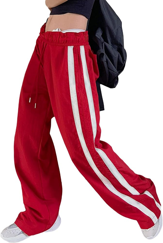 KMBANGI Women Striped Baggy Sweatpants Elastic Waist Wide Leg Cargo Pants Drawstring Loose Pocket... | Amazon (US)