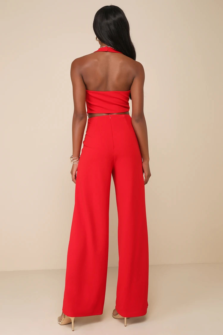 Compelling Perfection Red Halter Wide-Leg Two-Piece Jumpsuit | Lulus