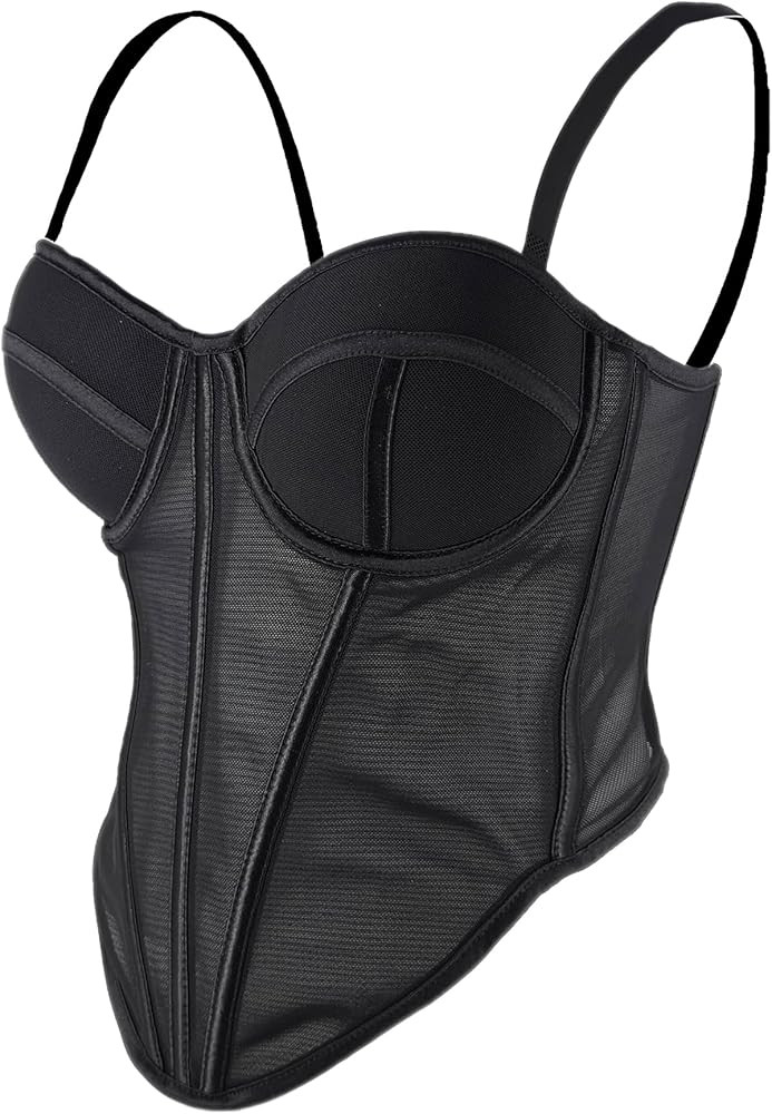 ELLACCI Women's Black Mesh Corset Top with Black Trim Spaghetti Strap Push-Up Bustier Tops | Amazon (US)