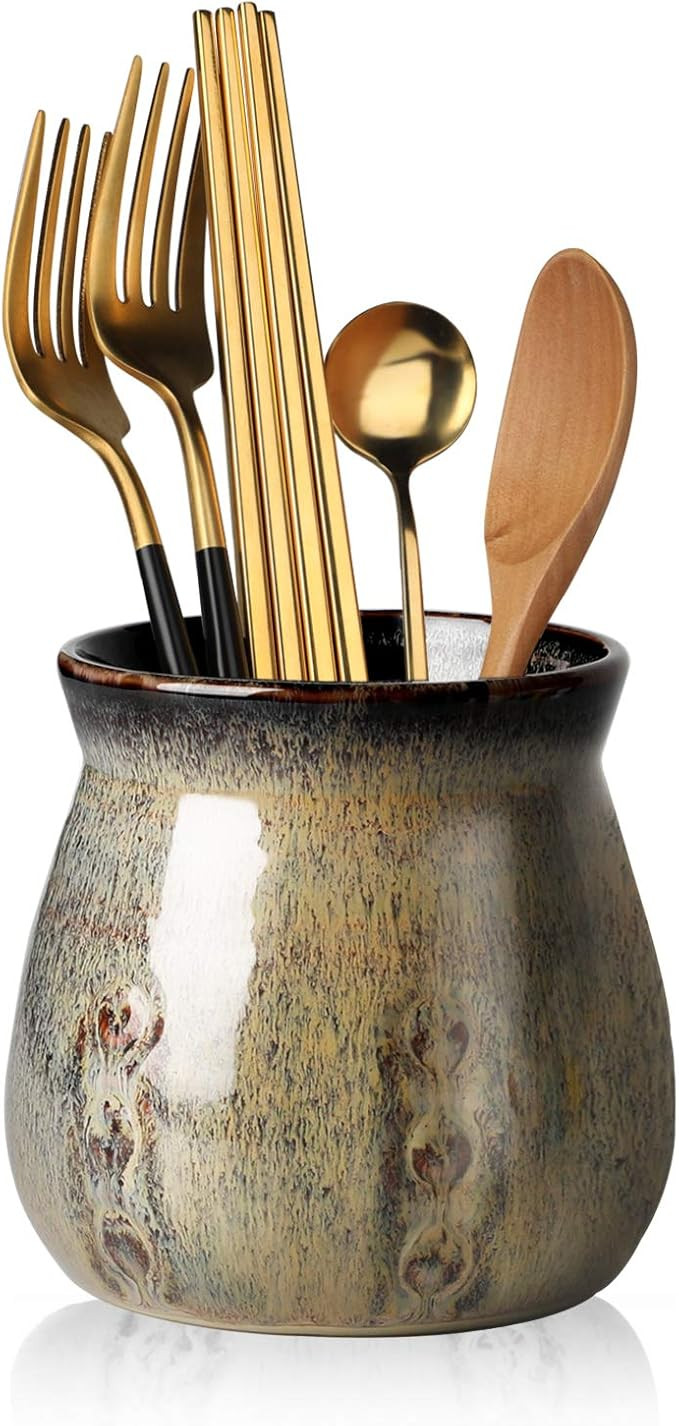 Ceramic Utensil Holder,Porcelain Utensil Crock Easy to Clean - 30oz (Gradient Gray) | Amazon (US)