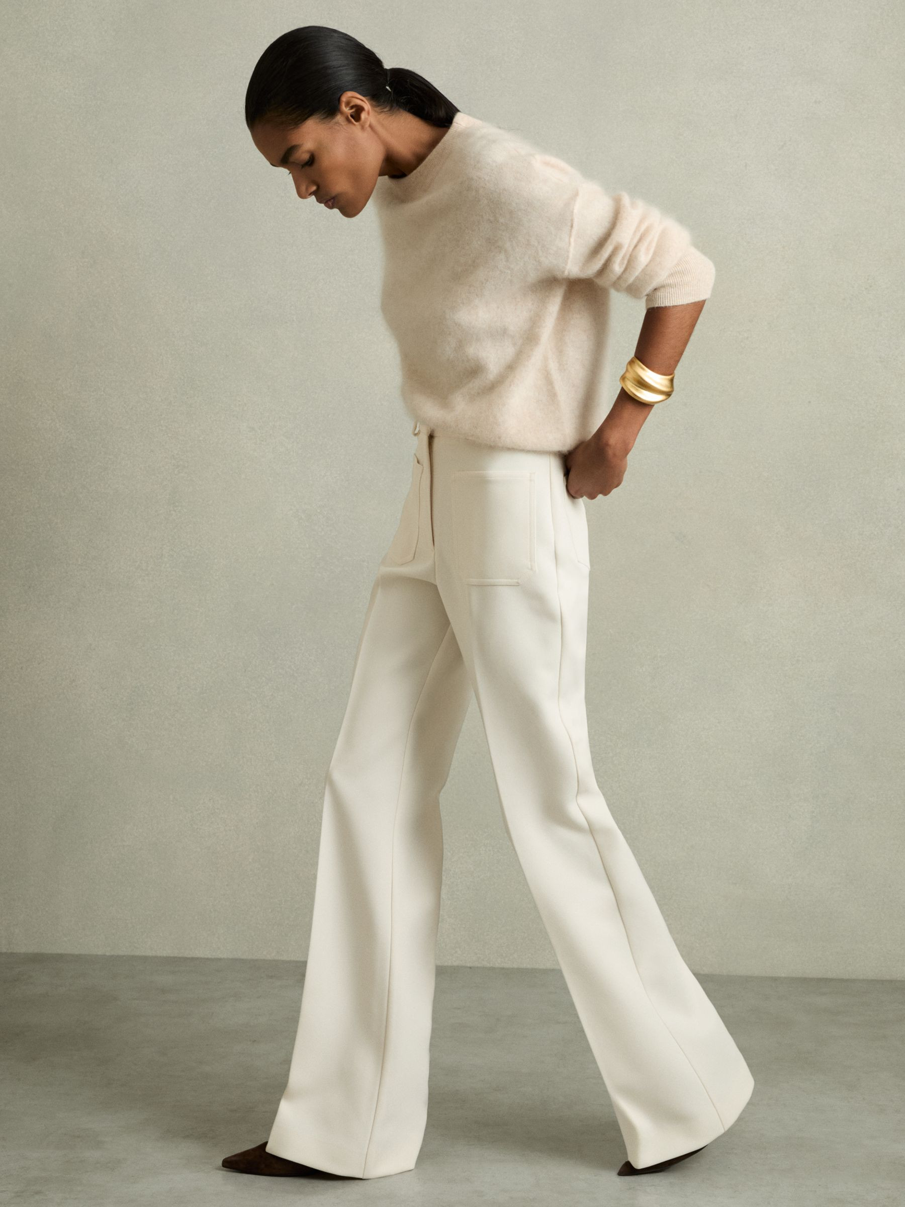 Reiss Twill High-Rise Flared Trousers in Cream - REISS | Reiss UK