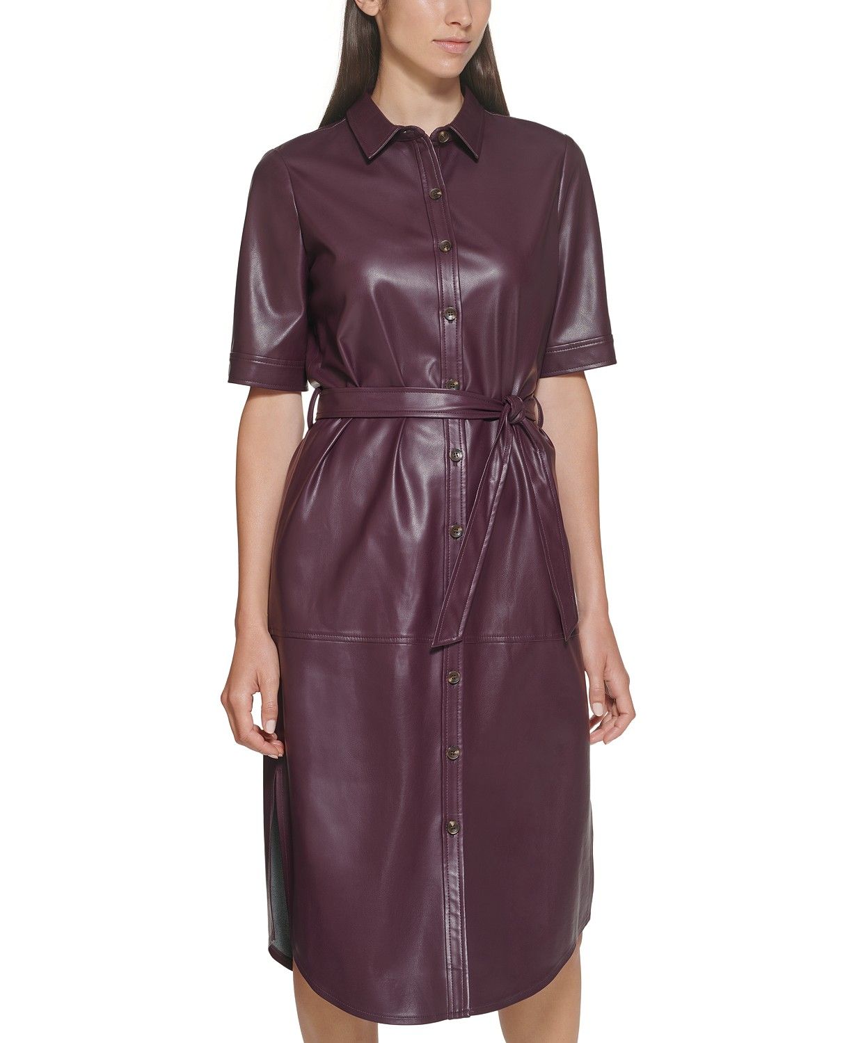 Calvin Klein Belted Faux-Leather Shirtdress & Reviews - Dresses - Women - Macy's | Macys (US)