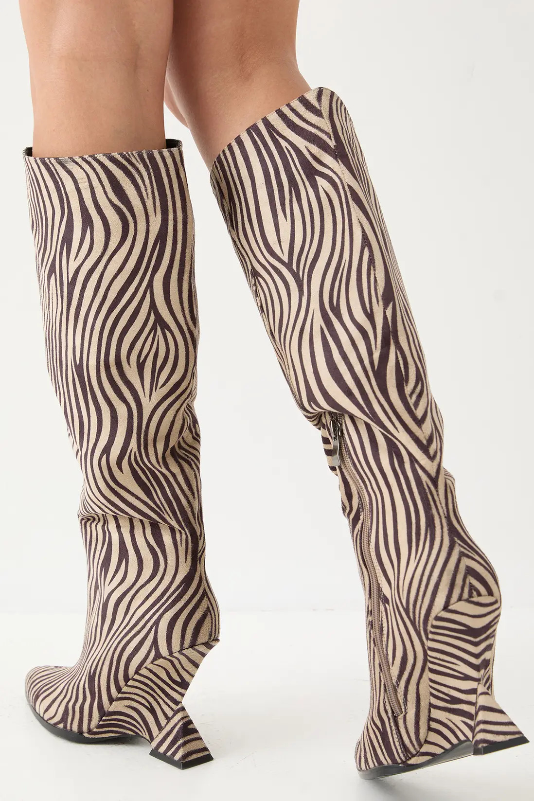 Zebra MissPap Faux Animal High Wedge Knee Boots | Boohoo | Boohoo.com (UK & IE)