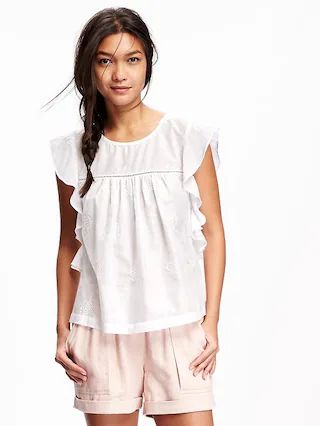 Old Navy Embroidered Ruffle Sleeve Top For Women Size L Tall - White | Old Navy US