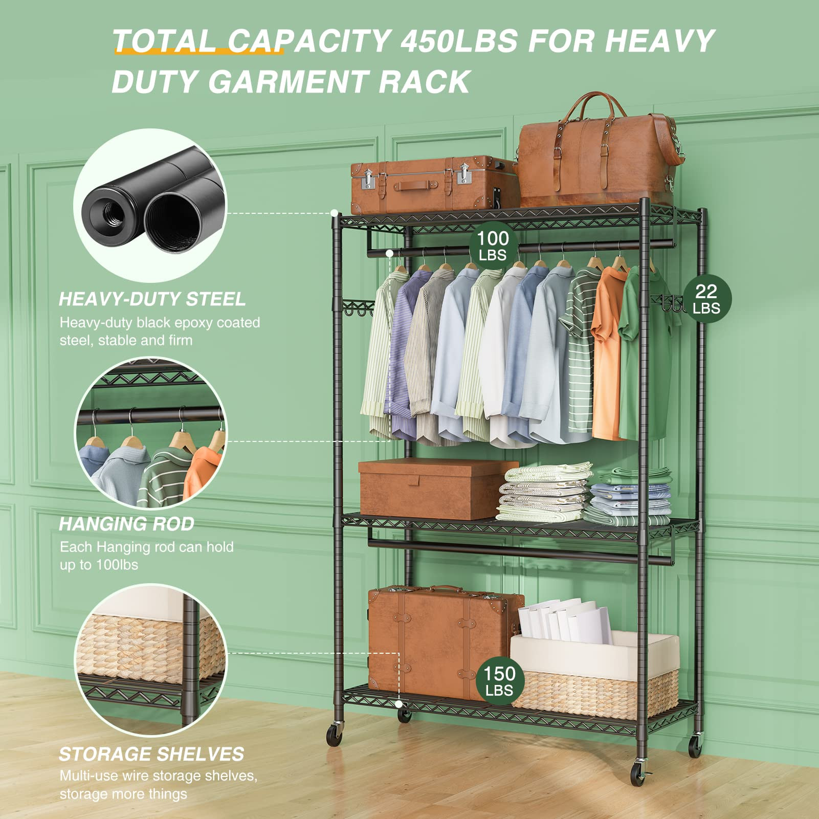 LEHOM G1 3 Tiers Garment Rack with Storage Shelves, Heavy Duty Rolling Free-Standing Clothing Rack C | Amazon (US)
