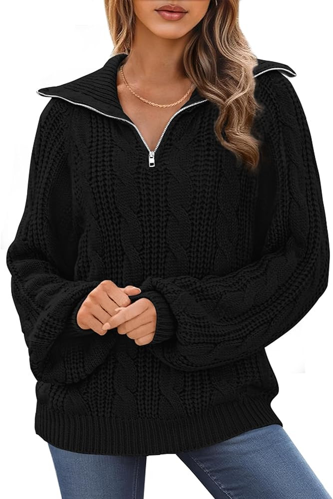 BTFBM Sweaters for Women Fall Fashion 2025 Loose Quarter Zip Pullover Collared Long Sleeve Cable ... | Amazon (US)