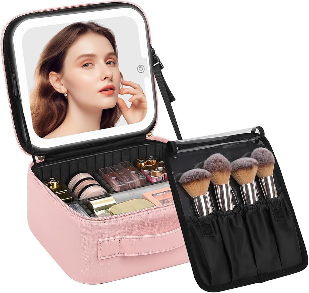 Chomeiu Travel Makeup Bag with LED Mirror, Cosmetic Bag with Handle, Pink | Amazon (US)