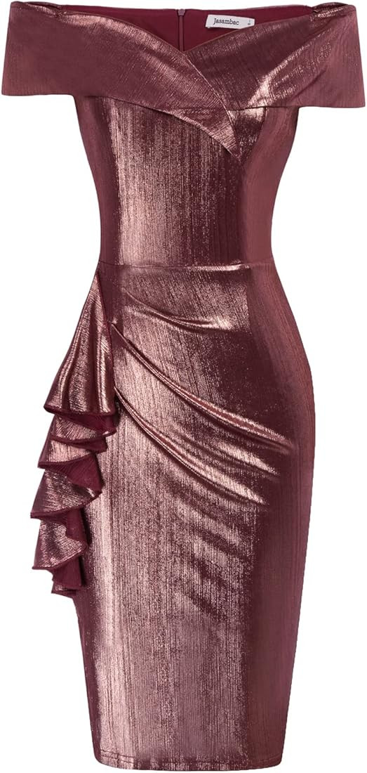 JASAMBAC Women's Off Shoulder V Neck Ruched Bodycon Midi Elegant Cocktail Party Dress Wedding Guest  | Amazon (US)