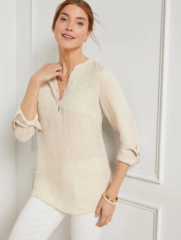 Side Button Linen Band Collar Popover - Oatmeal | Talbots