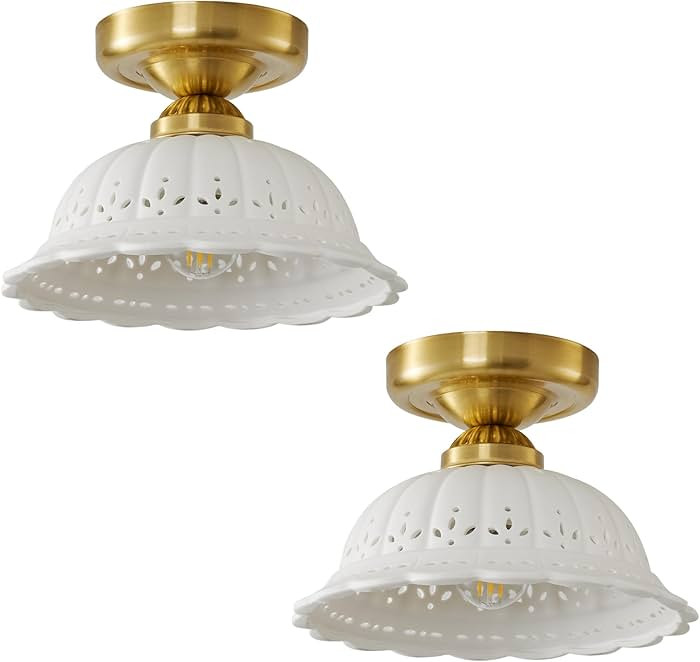 Vintage Ceramic Semi Flush Mount Ceiling Light - 2 Pack, Gold Hallway Light Fixture, Mid Century ... | Amazon (US)