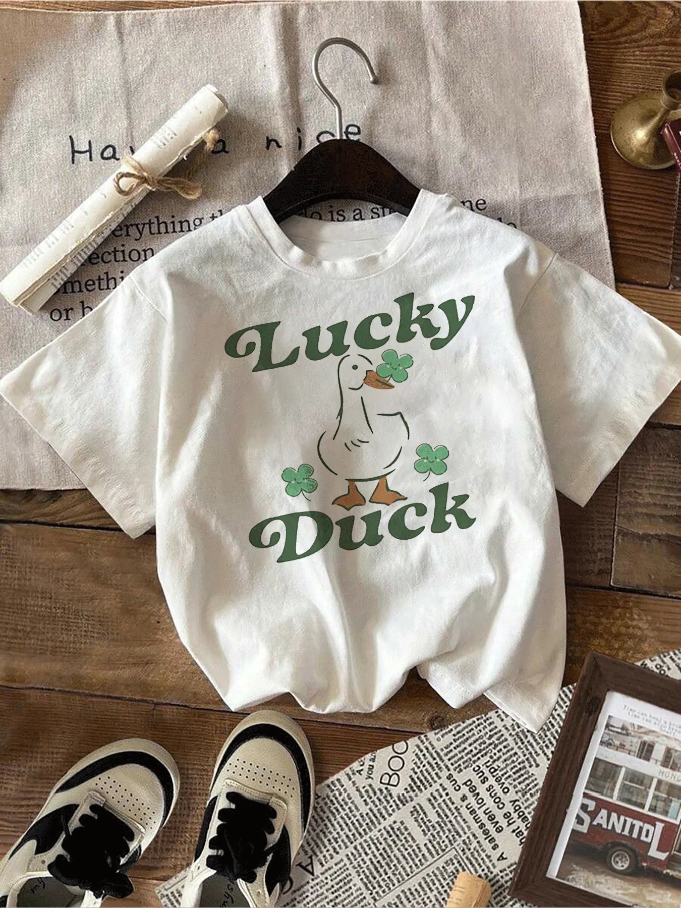 Lucky Duck Graphic T-Shirt St. Patrick's Day White Short Sleeve Tee with Four Leaf Clover | Walmart (US)