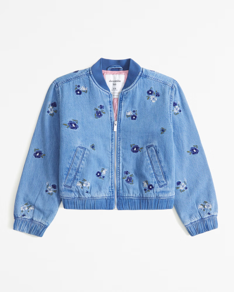 girls embroidered denim bomber jacket | girls accessories & perfume | Abercrombie.com | Abercrombie & Fitch (US)