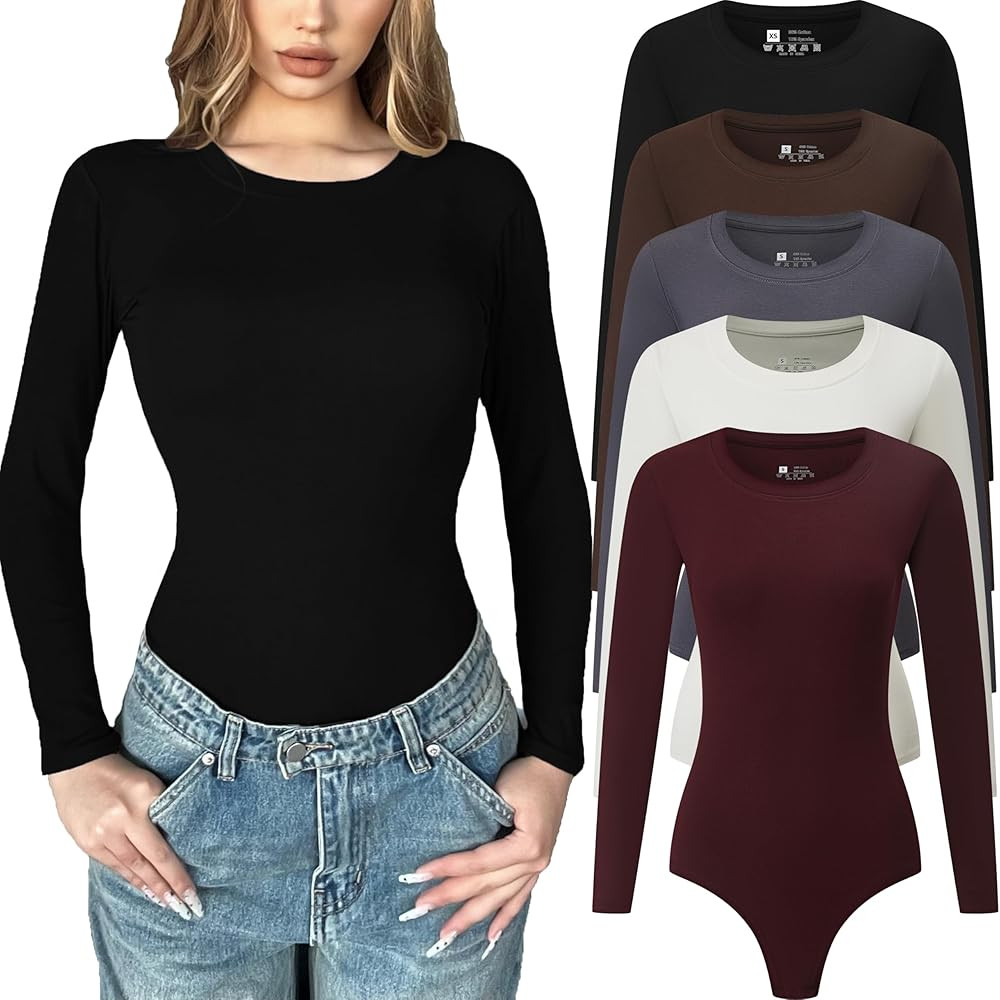 5 Pack Long Sleeve Bodysuit for Women Crew Neck Casual Stretchy Basic T Shirt Body Suits Tops | Amazon (US)